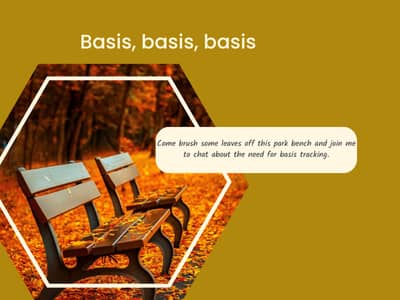 mustard yellow background with a photo of two park benches in a hexagonal frame. there's a light yellow title of "basis, basis, basis," and, "Come brush some leaves off this park bench and join me to chat about the need for basis tracking," overlaying the