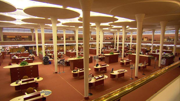 Open office at Johnson Wax Headquarters Designed By Architect Frank Lloyd Wright