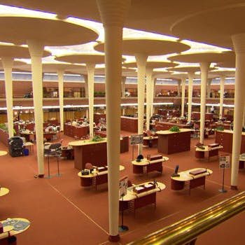 Open office at Johnson Wax Headquarters Designed By Architect Frank Lloyd Wright