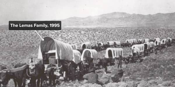 Covered wagons illustrating the Lemas family’s move to Idaho in 1995