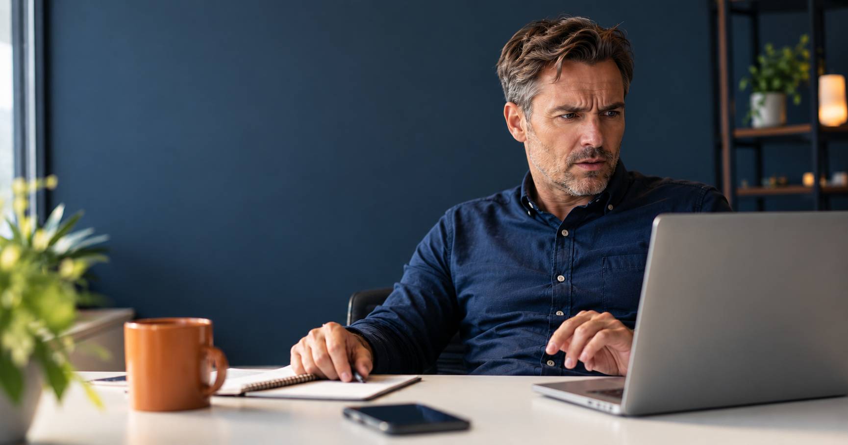 Mann sitzt konzentriert an einem Laptop in einem modernen Büro; der Laptop zeigt mit der Rückseite zur Kamera, während er mit besorgtem Blick auf den Bildschirm schaut. Im Vordergrund stehen Notizbuch und terrakottafarbene Tasse, im Hintergrund eine dunke