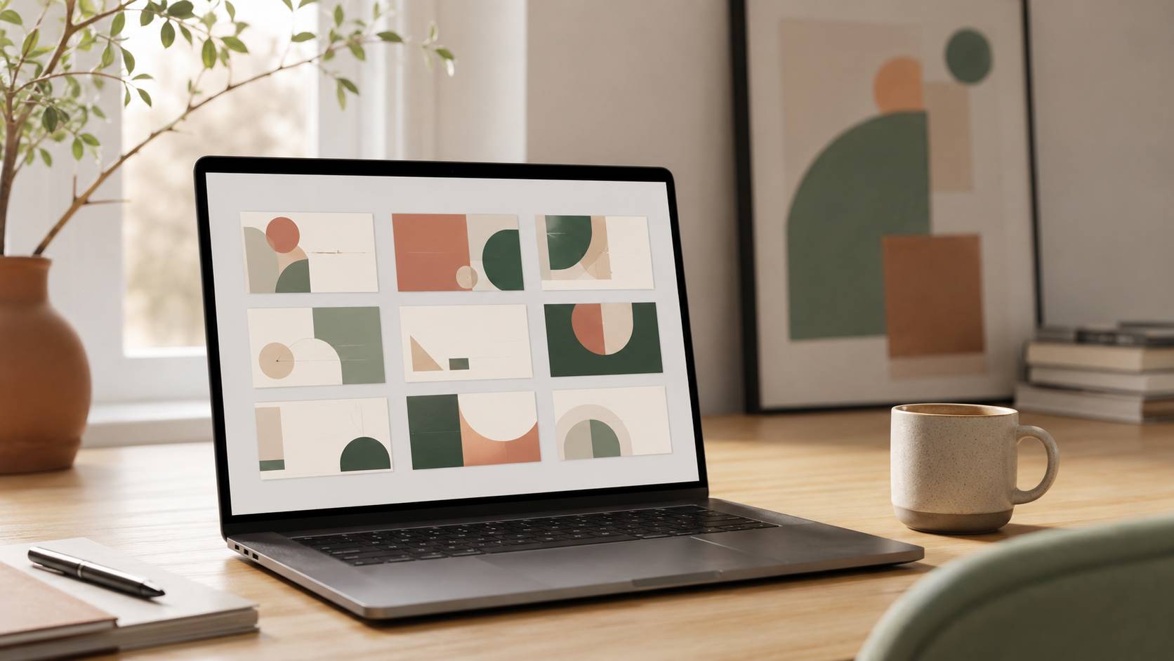 Minimalistischer Arbeitsplatz mit Laptop, abstrakten Folien-Thumbnails, Keramiktasse und warmem Morgenlicht.