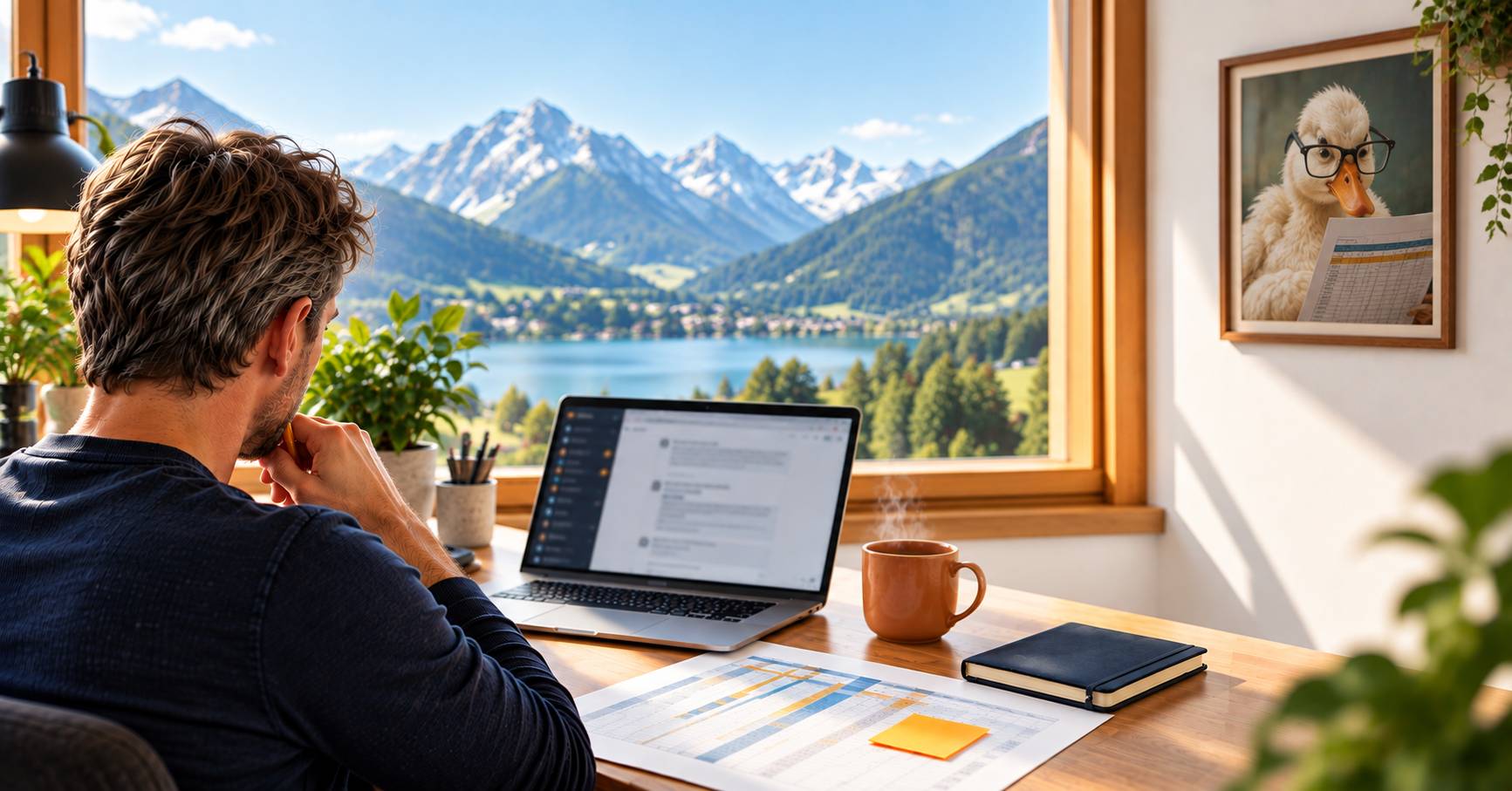 Mann sitzt nachdenklich an einem Schreibtisch mit Laptop, Notizen und Kaffee; durch das große Fenster sind ein See und verschneite Alpen zu sehen, an der Wand hängt ein humorvolles Bild einer Ente mit Brille und Tabellenblatt.