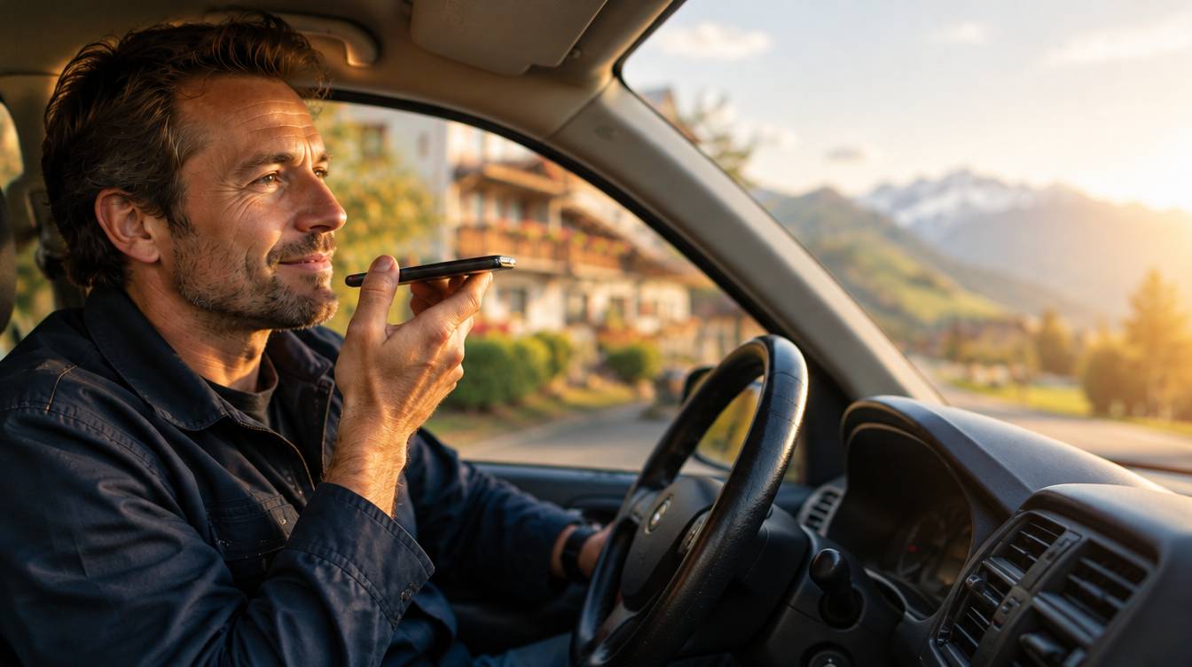 Mann sitzt in seinem geparkten Auto in einem Alpendorf und spricht nach einem Telefonat eine Sprachnotiz ins Handy.