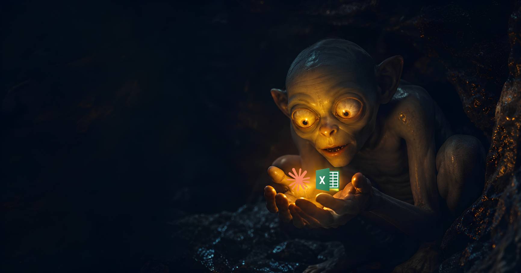 Eine Gollum-artige Kreatur betrachtet fasziniert zwei leuchtende Logos von Claude und Excel, die über ihren Handflächen schweben.