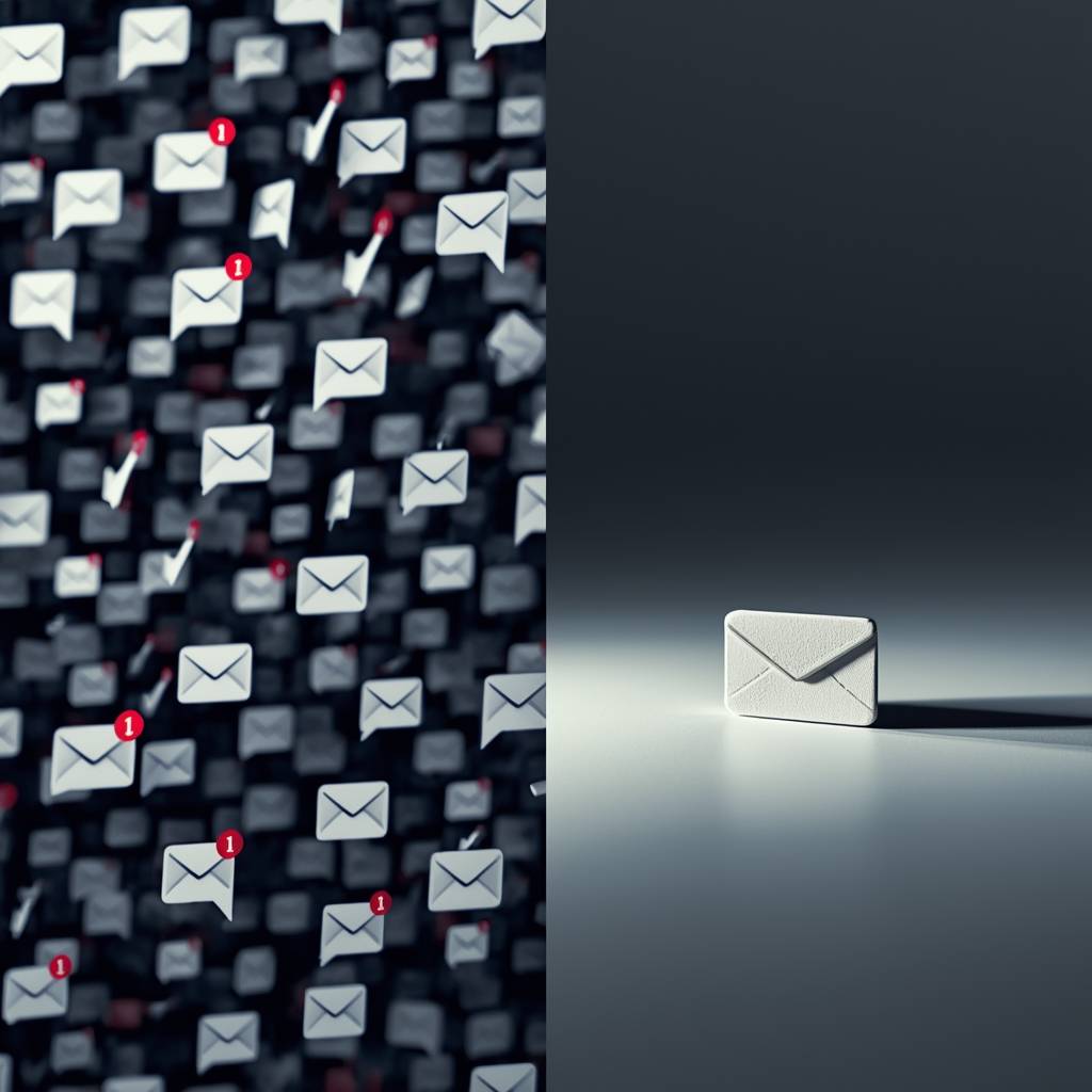 Geteiltes Bild: Links ein überladener, chaotischer Email-Posteingang mit dutzenden Benachrichtigungen – rechts ein einzelnes, aufgeräumtes Email-Symbol auf ruhiger Oberfläche. Symbolisiert den Übergang von manuellem Chaos zu KI-Automatisierung.