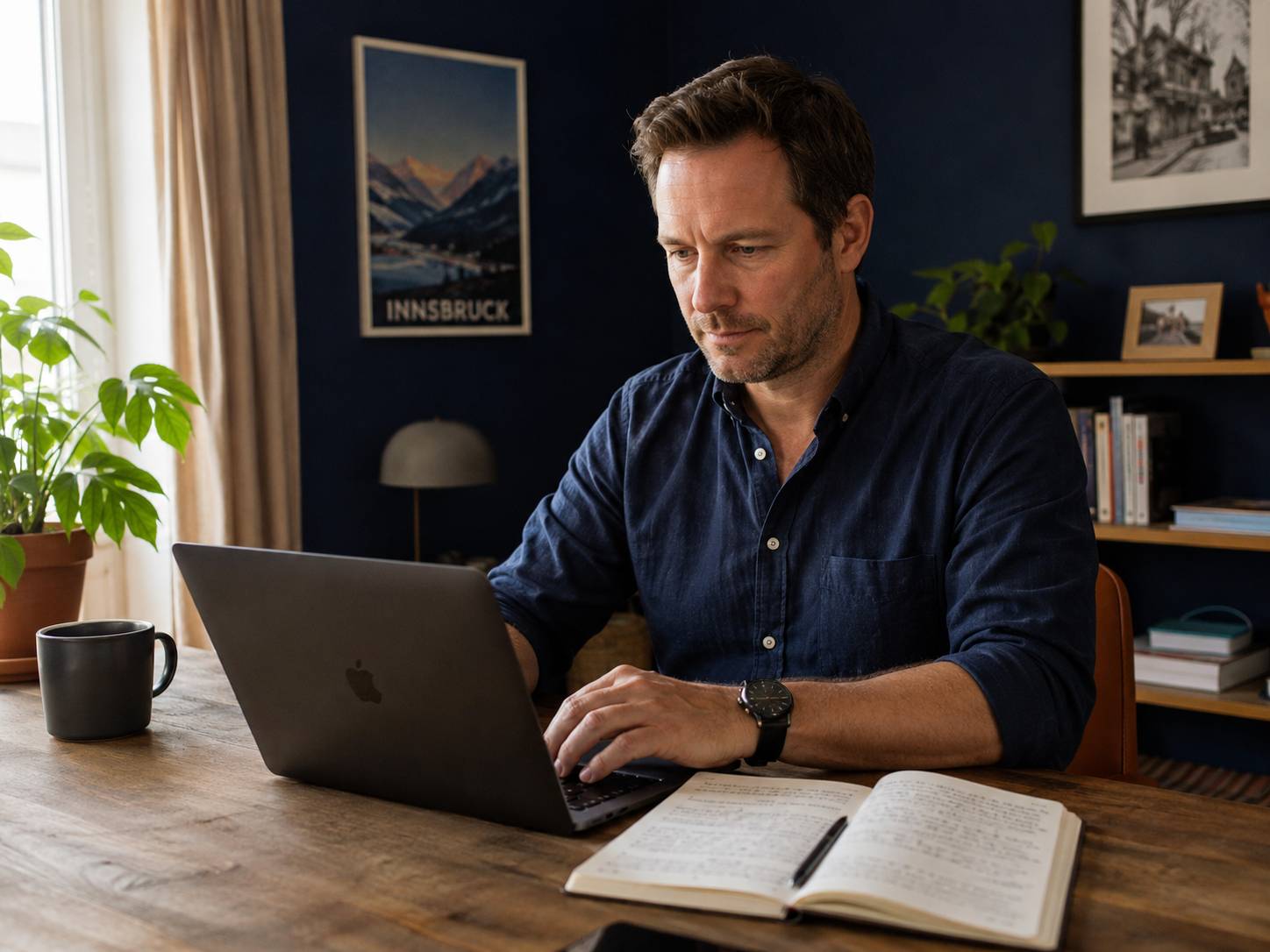Mann arbeitet konzentriert am Laptop im warm beleuchteten Homeoffice mit Kaffeetasse und Notizbuch auf dem Holztisch.