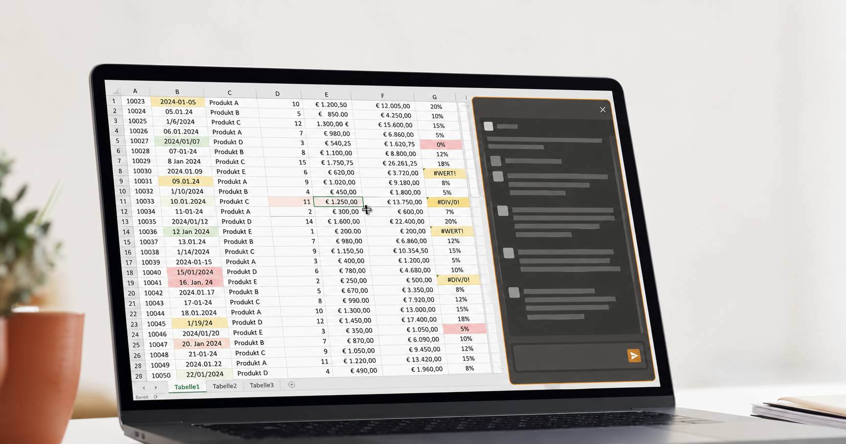 Laptop auf einem hellen Schreibtisch mit geöffneter Excel-Tabelle, die sichtbare Beispieldaten, uneinheitliche Datumsformate, Euro-Beträge, farblich markierte Fehlerzellen und eine KI-Chat-Seitenleiste zur Datenanalyse zeigt.