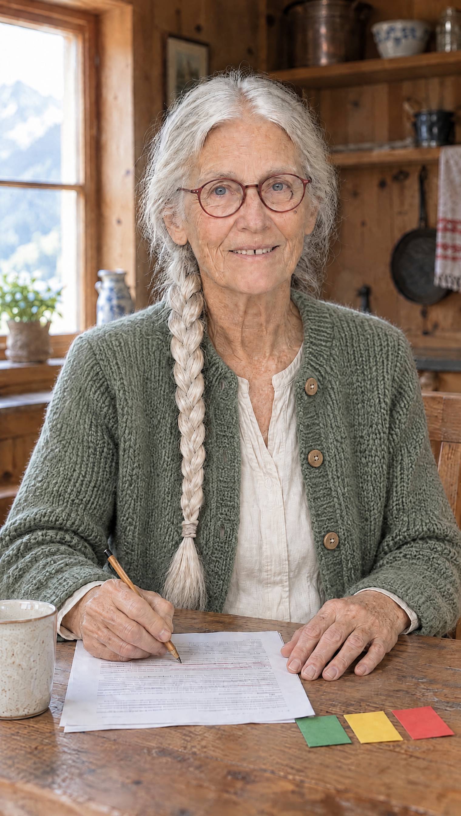 Eine 81-jährige Frau mit langem weißem Zopf, runder roter Brille und grauer Lodenjacke sitzt an einem Holztisch in einer Bauernküche und blickt ruhig in die Kamera. KI-generiert.