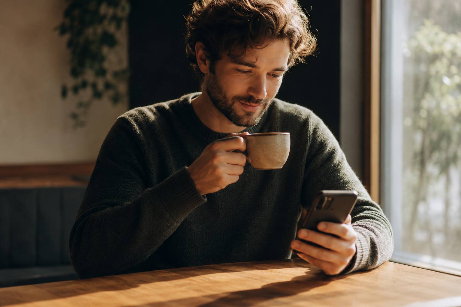 Ein Mann sitzt entspannt allein an einem Holztisch, hält eine Kaffeetasse in der Hand und liest ruhig auf seinem Smartphone. Warmes Morgenlicht fällt durch ein Fenster und erzeugt eine ruhige, vertrauensvolle Atmosphäre ohne Arbeitsmaterialien oder Ablenk