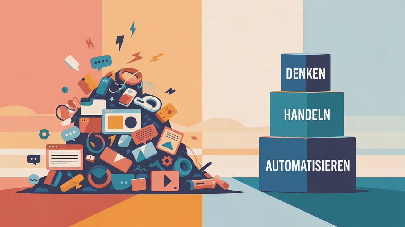 Horizontale Split-Screen-Illustration: Links ein chaotischer Haufen abstrakter App-, KI- und Produktivitätssymbole in warmen Orange- und Koralltönen. Rechts stehen drei sauber gestapelte blaue Blöcke mit den Beschriftungen „DENKEN“, „HANDELN“ und „AUTOMAT