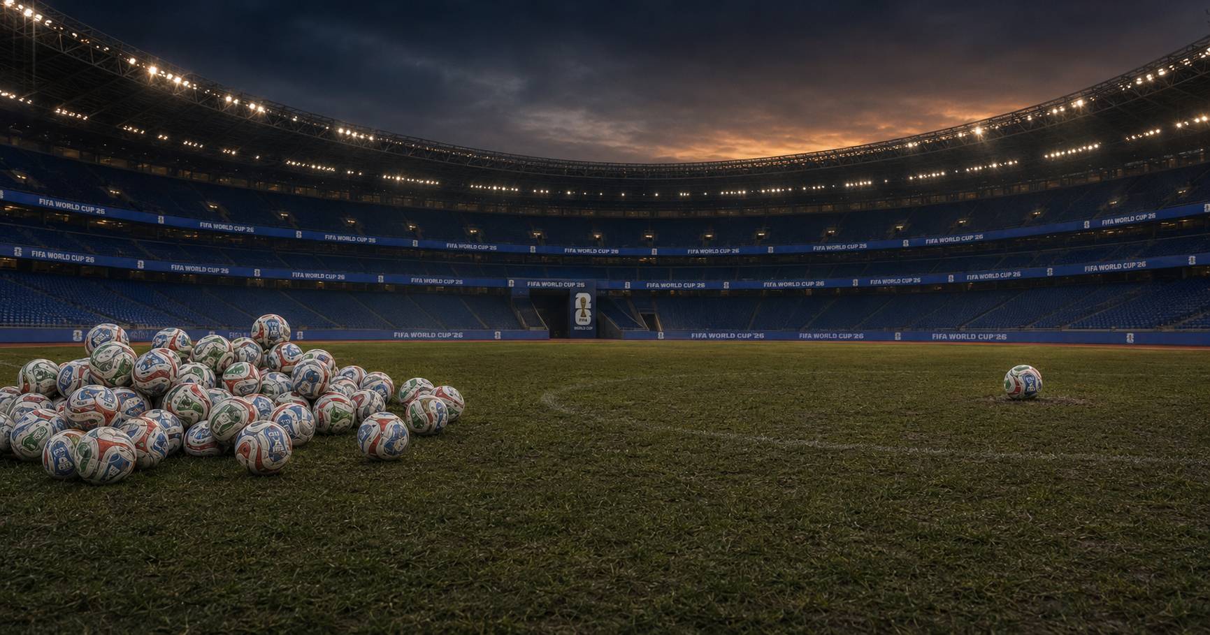 Leeres, beleuchtetes WM-2026-Stadion bei Abenddämmerung. Links liegt ein großer Haufen offizieller Spielbälle, während rechts ein einzelner Ball isoliert auf dem Rasen ruht.