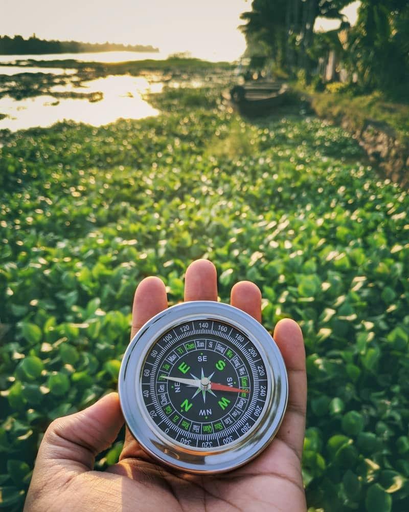 person holding blue and white compass