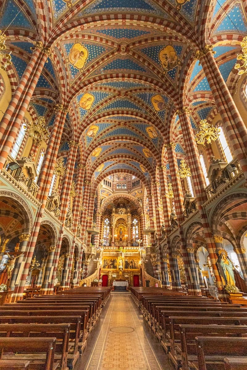 Spectacular architecture of a beautifully decorated church interior.