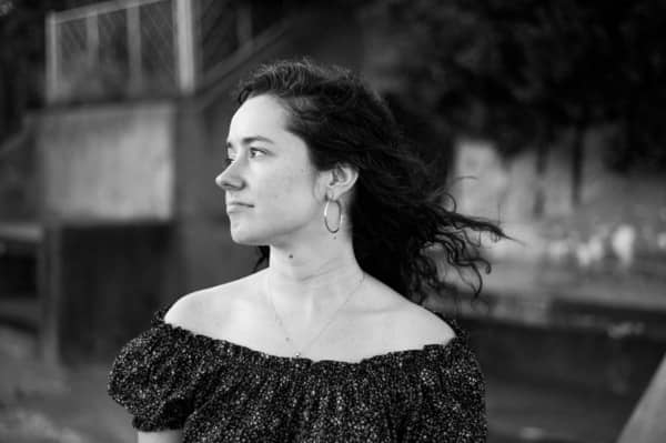 A black and white portrait of Tyler's friend Madeleine at Two Lights State Park