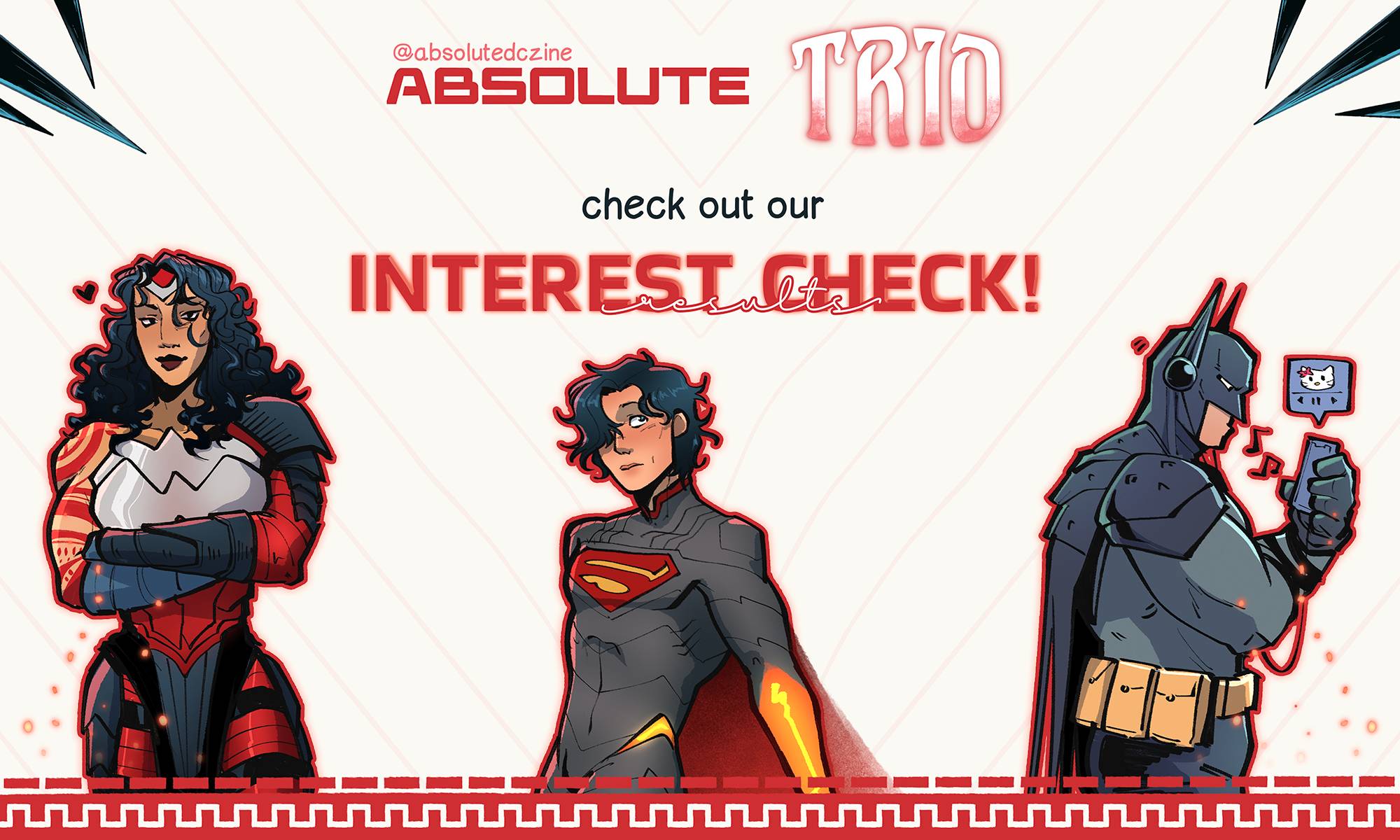 A graphic can be seen including various elements from DC's Absolute Universe. The top corners have Absolute Batman's spikes, the bottom Absolute Wonder Woman's tattoo. The background has faded lines of Absolute Superman's suit's stripes. The Absolute Trin