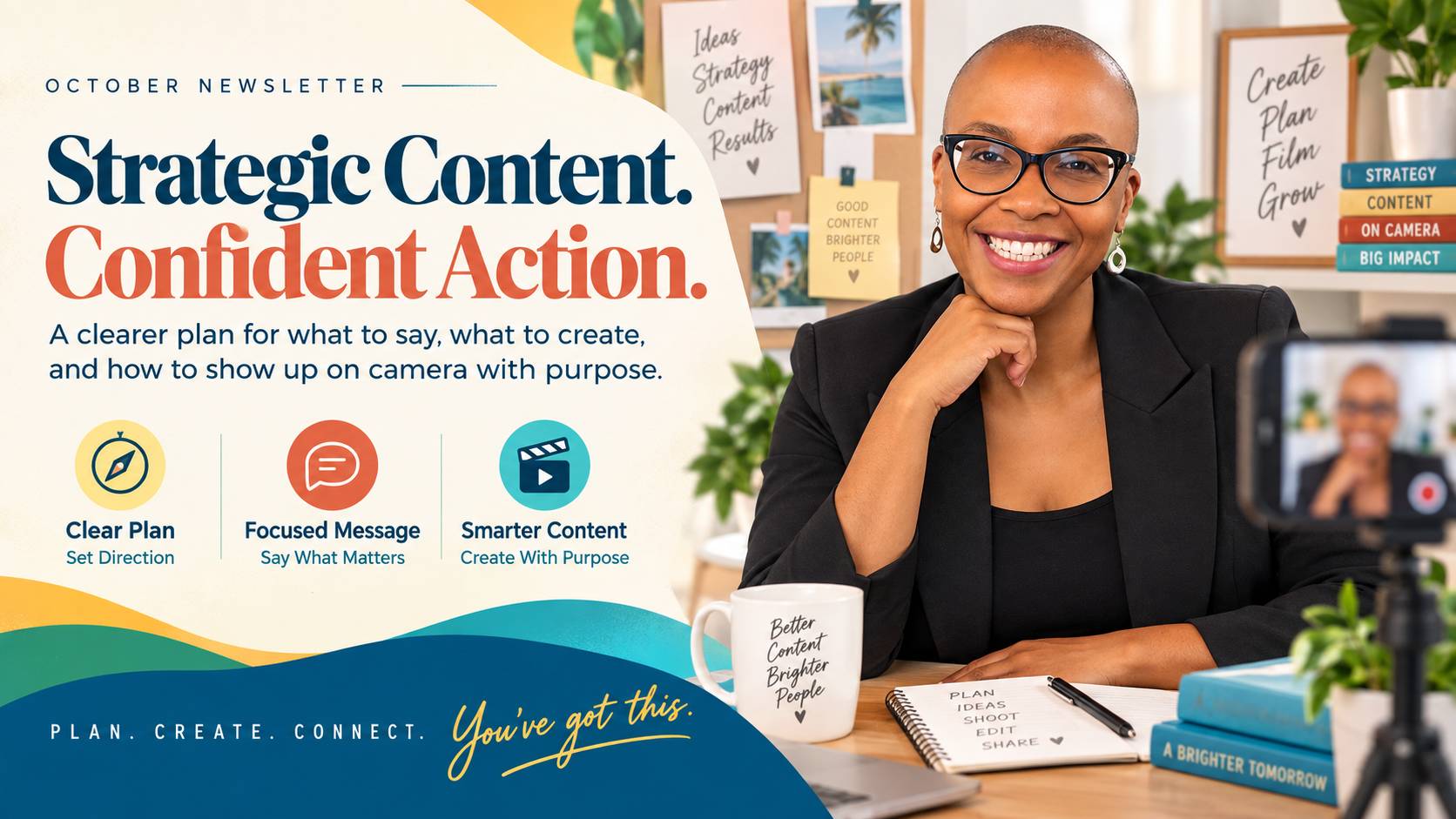 black woman sitting at desk smiling. strategic content confident action text on screen