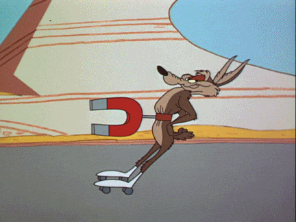 wili coyote on roller skates with a magnet
