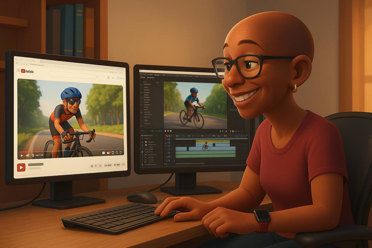 cartoon version of Edie smiling at a computer with a video of a cyclist