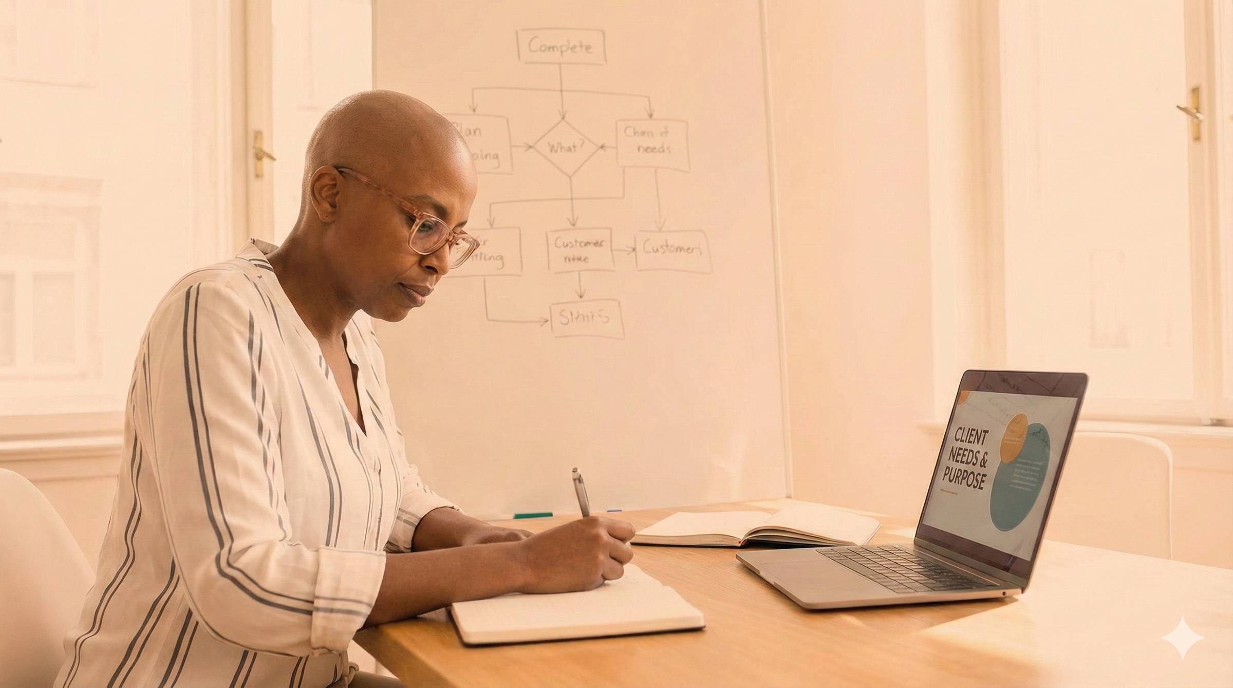 woman sitting at desk writing in front of her laptop