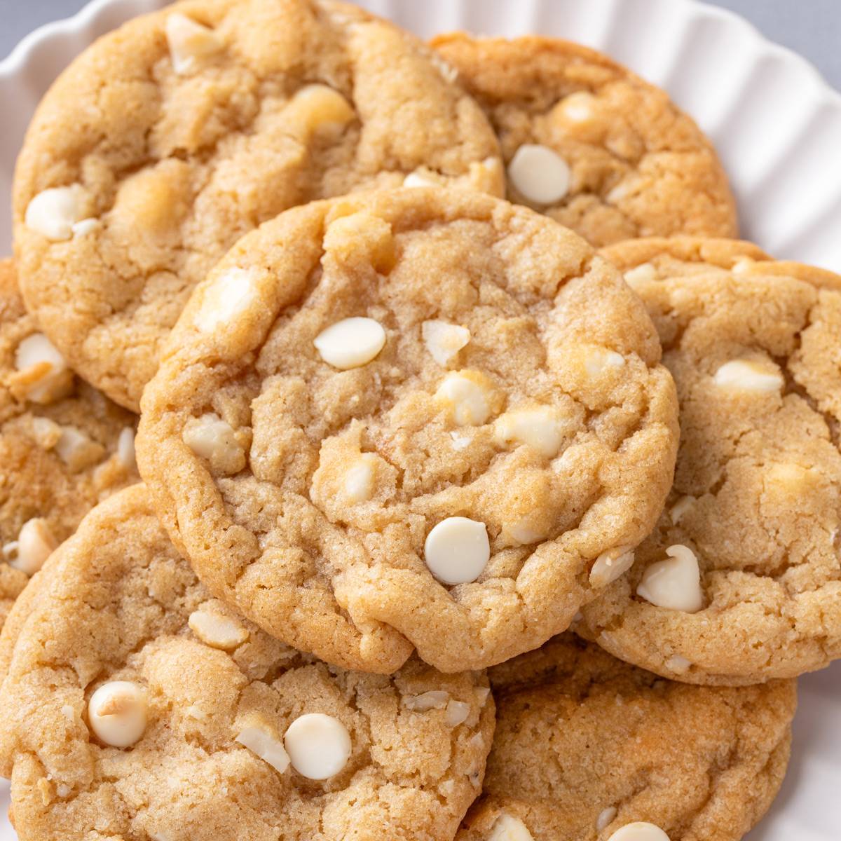 Platter of white chocolate macadamia nut cookies.