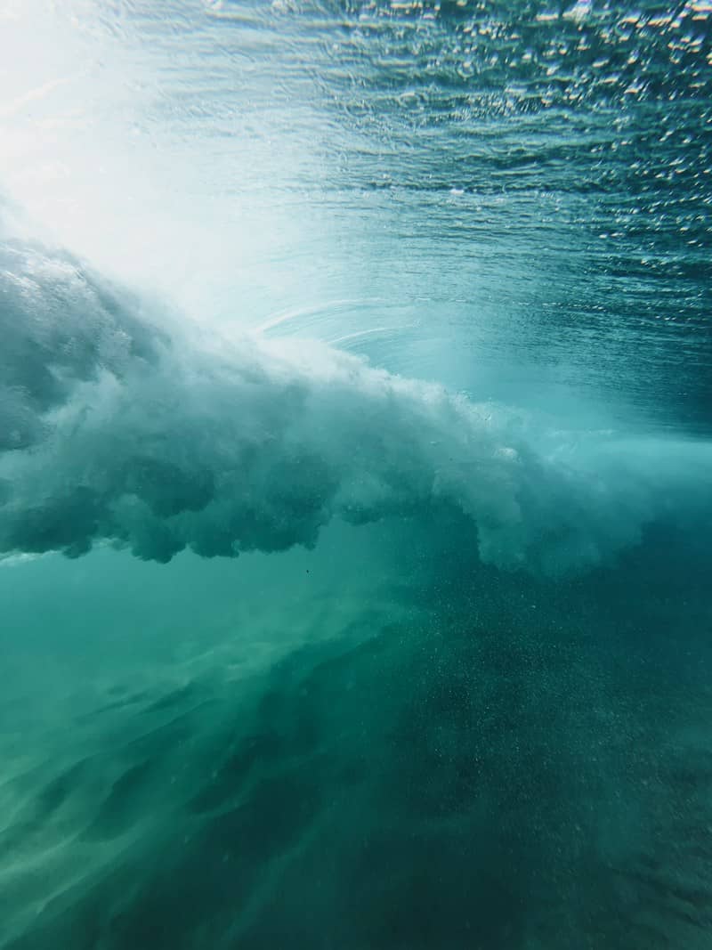 Underwater view of a breaking ocean wave