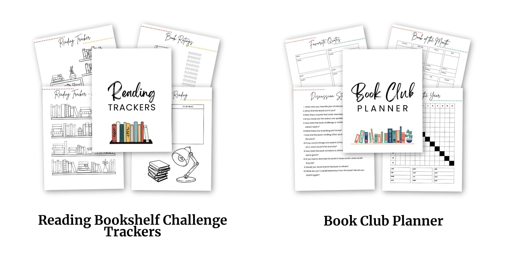 Thumbnails for Reading Bookshelf challenge Trackers and Book Club Planner