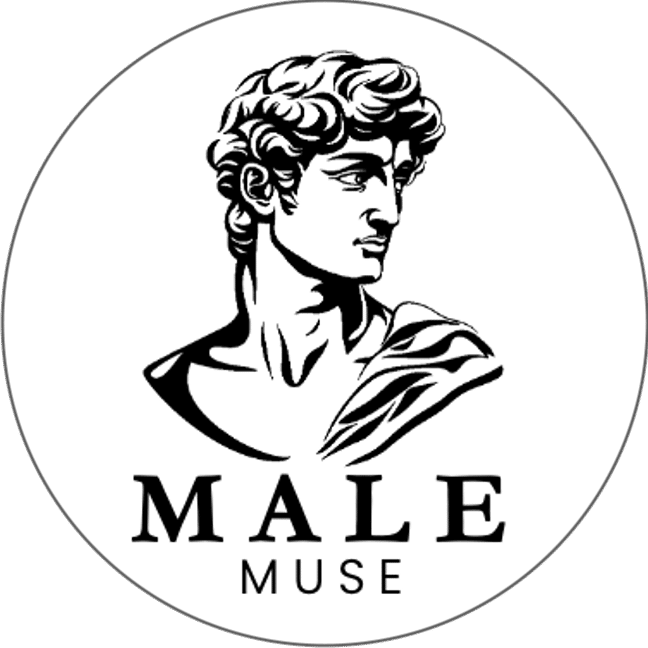 Stylized image of a classical male statue with curly hair, looking to the side. The text "MALE MUSE" is written below the image. The background is white and the design is circular.