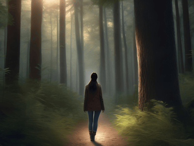 A woman standing confidently at the edge of a forest, ready to take the first step.