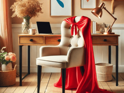 picture of a home office, with a superhero cape hanging over a chair 