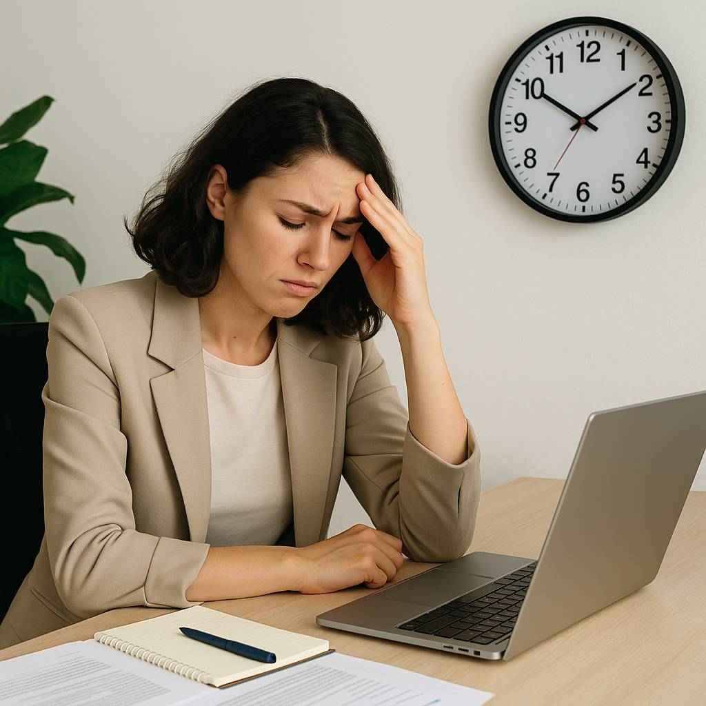 Woman sitting at a desk with a laptop, holding her head in frustration while looking toward a clock on the wall showing 10:10, symbolizing stress over an upcoming deadline.