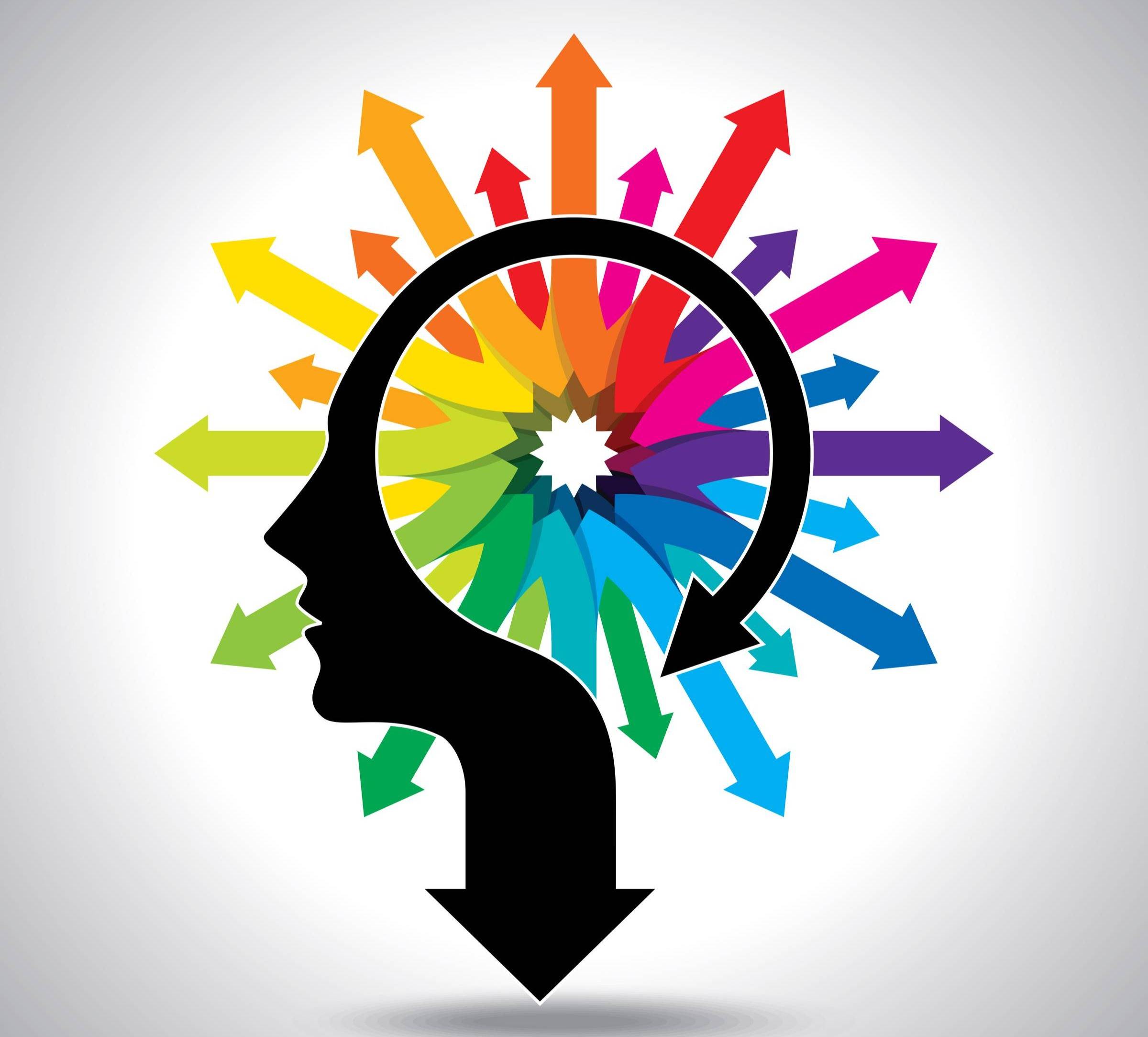 Colorful drawing of head with arrows expressing ideas
