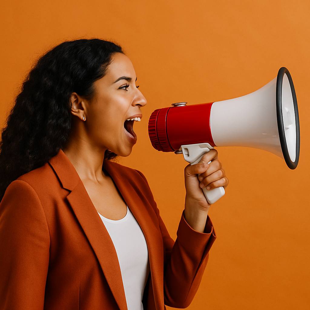 A confident young woman with curly hair and medium brown skin shouts into a red and white megaphone. She is wearing a burnt orange blazer over a white shirt, standing against a solid orange background.