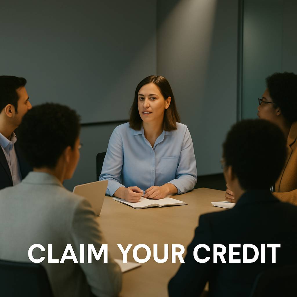 A professional meeting scene with six people seated around a conference table, a woman in a blue shirt speaking confidently under a spotlight, with the words “Claim Your Credit” written in bold white text at the bottom.