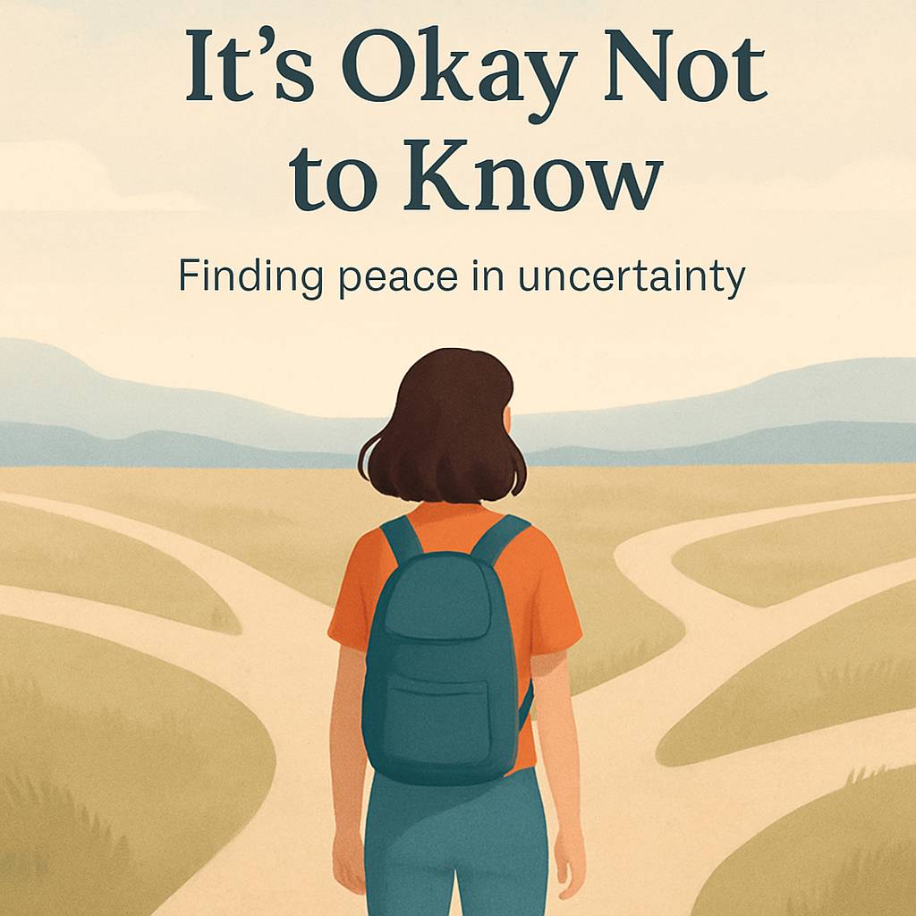 An illustration of a woman with a backpack standing at a crossroads with multiple paths stretching out ahead of her under an open sky, symbolizing uncertainty and choice.