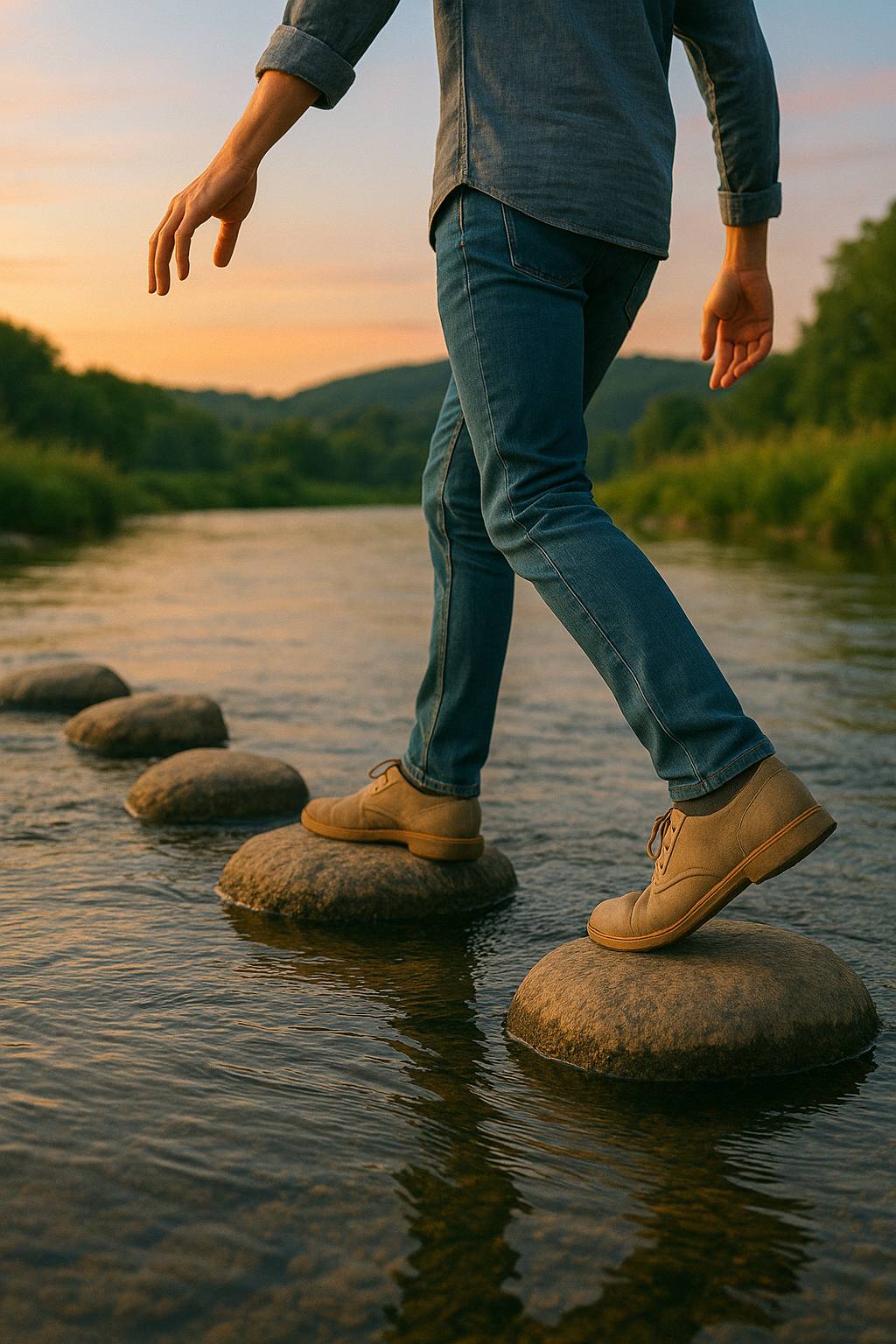 A woman in jeans and beige shoes carefully steps from one stone to another across a shallow river at sunset, symbolizing calculated risk and balance.