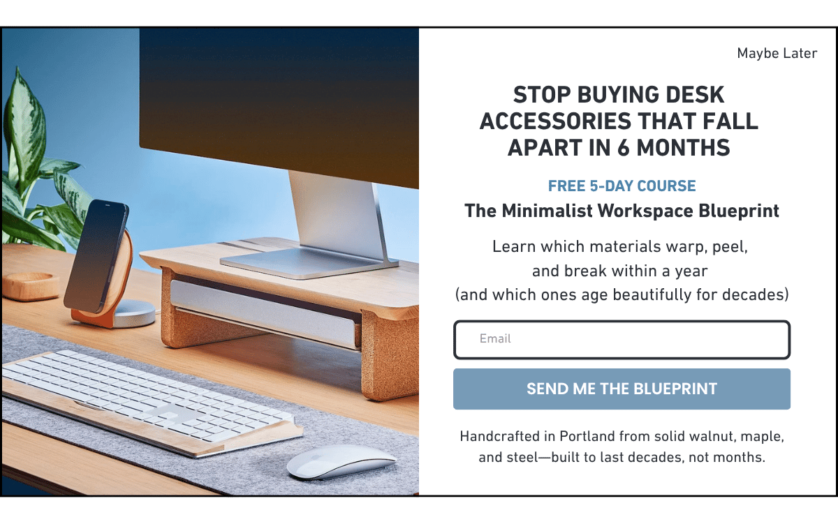 Fixed Grovemade popup mockup with organized workspace photo, free 5-day course headline, and SEND ME THE BLUEPRINT button
