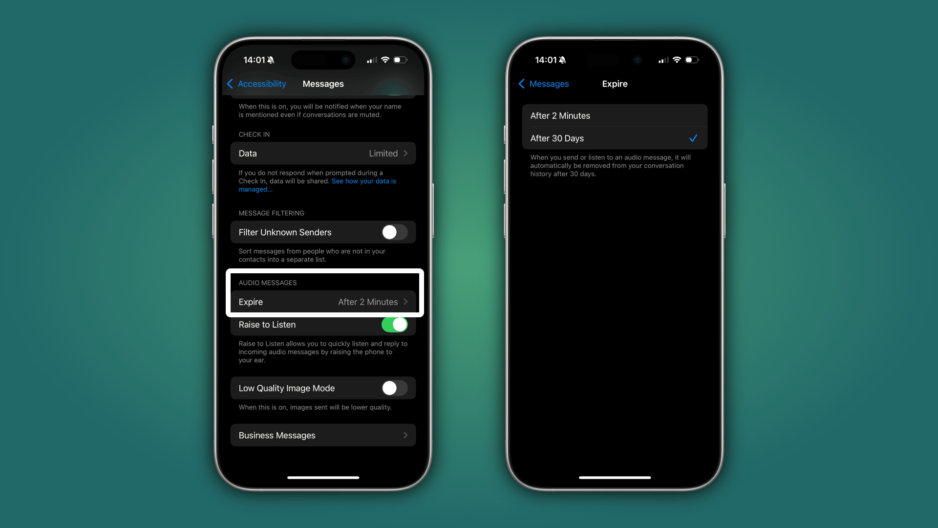 green gradient background with iPhone settings to change audio message expiration