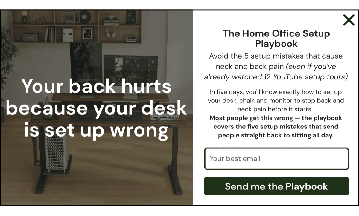 Redesigned Vernal popup: "Home Office Setup Playbook" lead magnet with pain-point headline, 5-day promise, and "Send me the Playbook" CTA