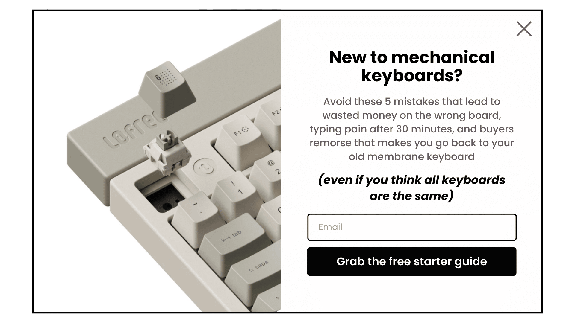 Improved popup mockup: "New to mechanical keyboards?" headline with educational content and "Grab the free starter guide" CTA