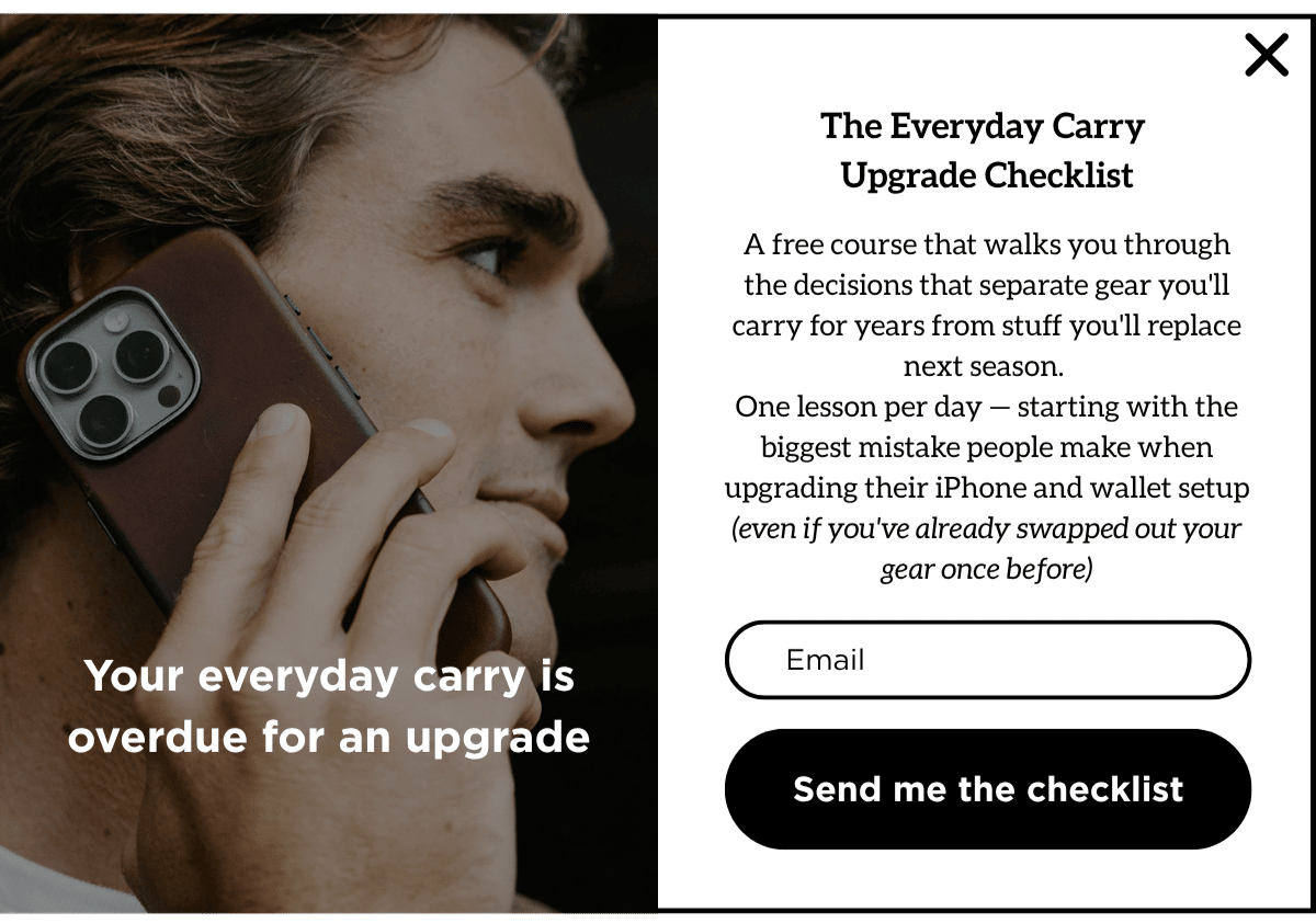 Fixed Nomad desktop popup: "Your everyday carry is overdue for an upgrade" headline, "The Everyday Carry Upgrade Checklist" offer, "Send me the checklist" CTA