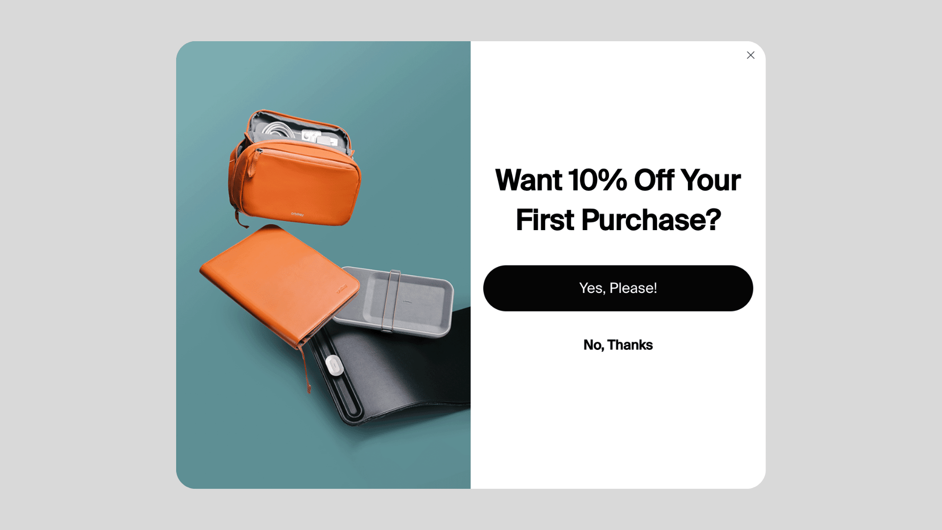 split image with leather notebook and zipper bag with white background and black text on the right half