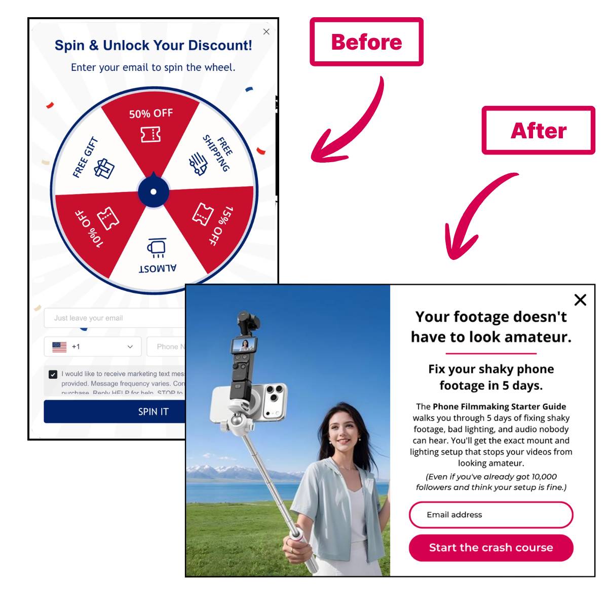 Before and after comparison of Ulanzi's popup: the original spin-the-wheel discount popup beside the redesigned popup promoting a free Phone Filmmaking Starter Guide.