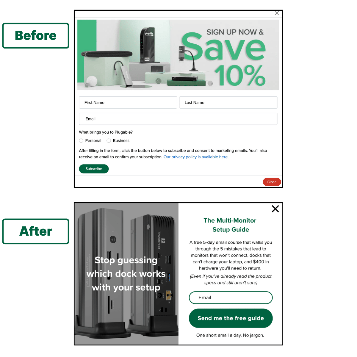 Before: Plugable popup with product photo, "SIGN UP NOW & Save 10%," 3-field form, and "Subscribe" CTA. After: fixed popup with dock photo, "Stop guessing which dock works with your setup" headline, Multi-Monitor Setup Guide offer, and "Send me the free guide" CTA.