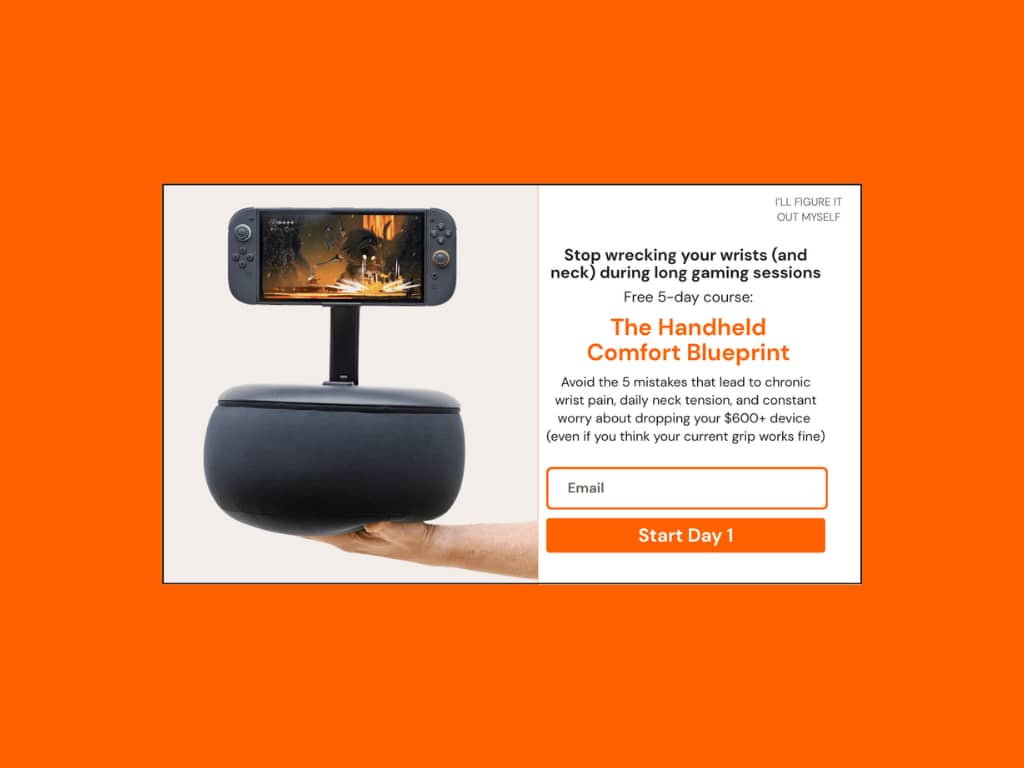 Redesigned Mechanism popup leading with wrist and neck pain headline and Handheld Comfort Blueprint course offer
