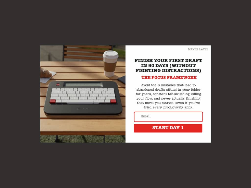 Preview of redesigned popup featuring outcome-focused headline and educational course offer with action CTA.