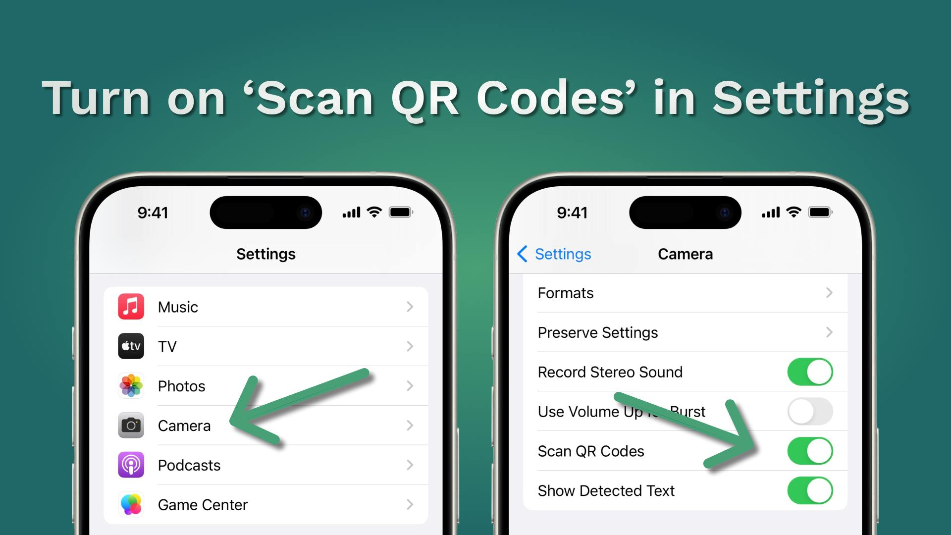 Scan QR codes in settings: a smartphone screen displaying the settings menu with a QR code scanner option.
