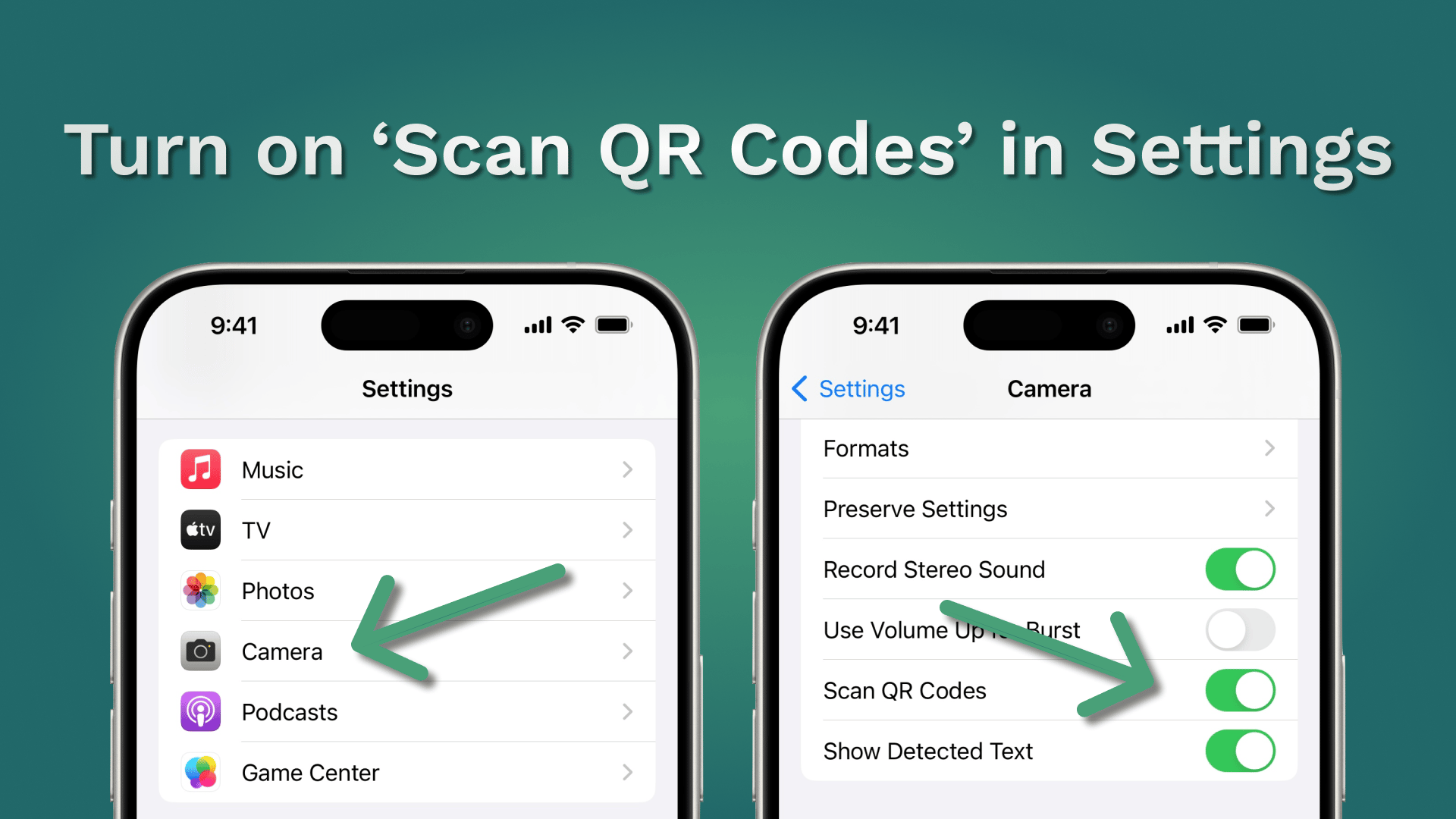 Scan QR codes in settings: a smartphone screen displaying the settings menu with a QR code scanner option.