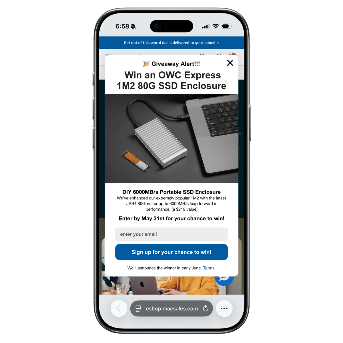 OWC mobile popup: "Win an OWC Express 1M2 80G SSD Enclosure" with SSD enclosure photo and "Sign up for your chance to win!" button