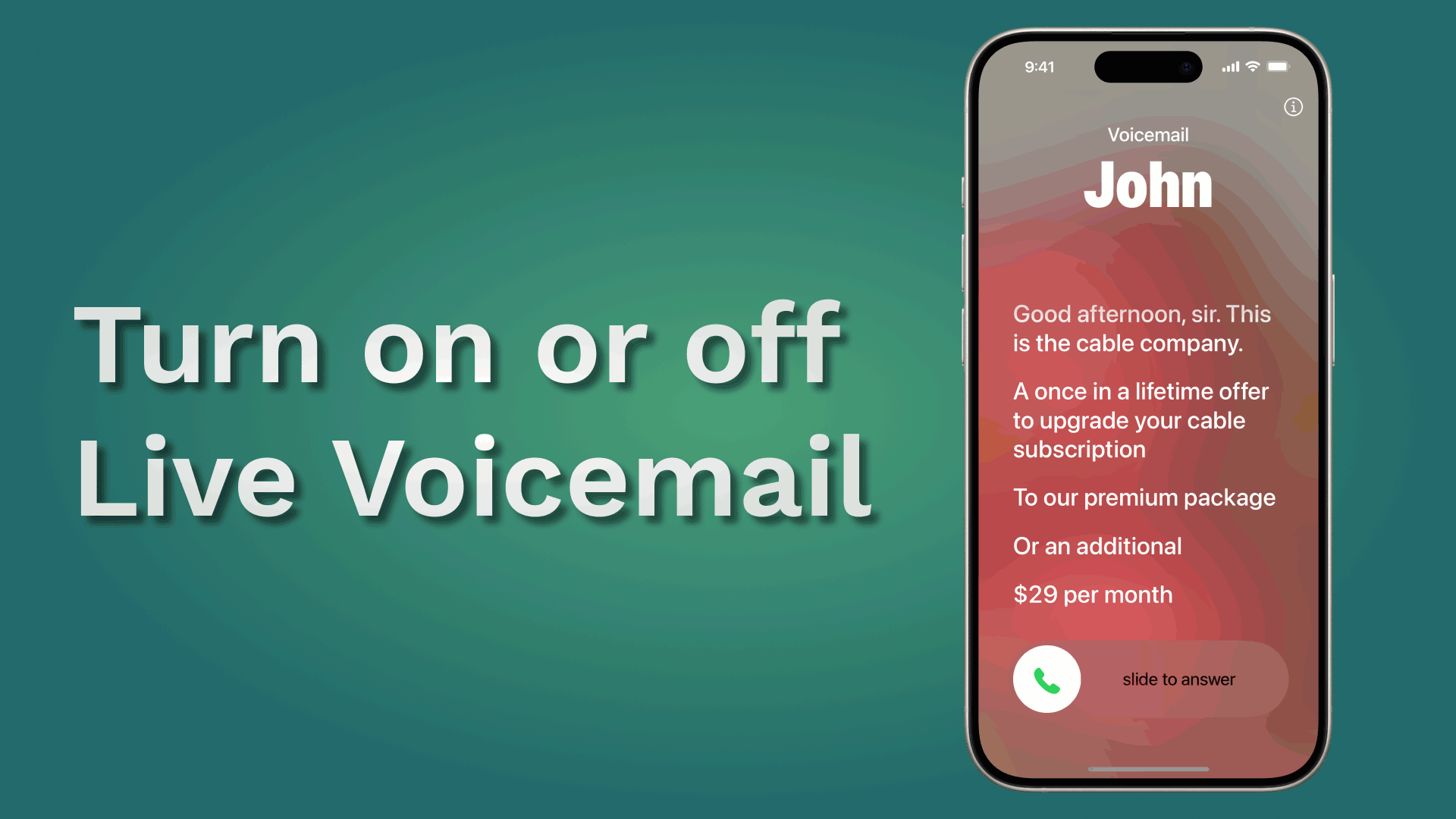 iPhone frame showing a step-by-step process to enable live voicemail in the settings app